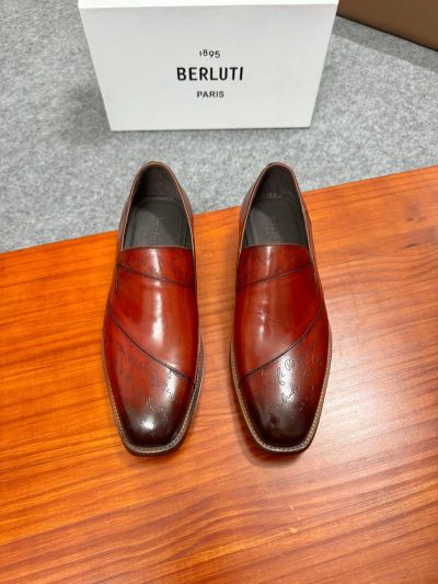 Berluti Black and red calfskin Leather Shoes-Berluti Man Business Leather Shoes
